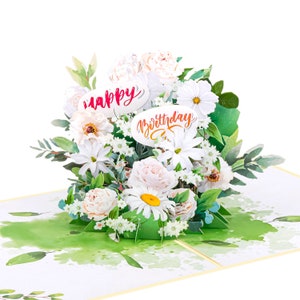Belle carte de voeux popup 3D faite main de fleur de pivoine blanche pour joyeux anniversaire