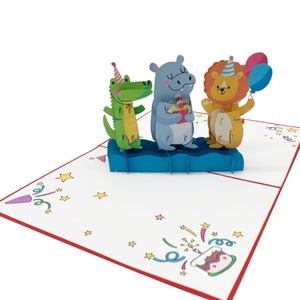 Cartão pop-up 3D feito à mão com animais divertidos e coloridos para aniversário infantil