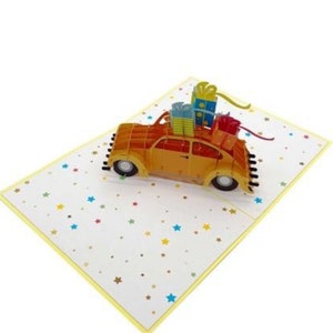 Happy Birthday presents on car - 50th and 60th Birthday handmade popup card