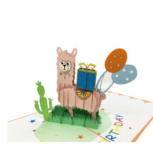 Rosa Lama mit Geschenken und Ballon alles Gute zum Geburtstag 3D handgemachte POPUP Karte