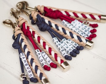 Schlüsselanhänger personalisiert mit Namen, Paracord, mit Karabiner, maritim, Geburtstag, Tasche, Geschenk, Segeln, Frau, Mann, rot, blau