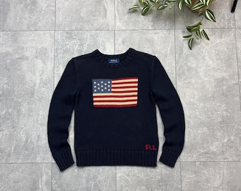 Polo Ralph Lauren Navy Blue American Flag Crew Neck Sweater Size S Boys 8
