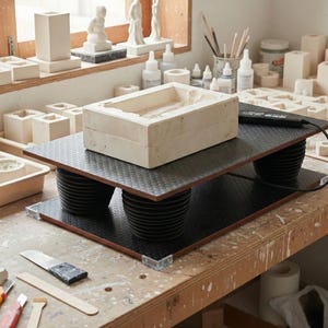 Pode incluir: Cena de oficina com um molde retangular sobre uma plataforma preta suportada por estruturas cilíndricas pretas. Vários moldes e esculturas de gesso estão dispostos numa bancada de madeira, juntamente com ferramentas e materiais.