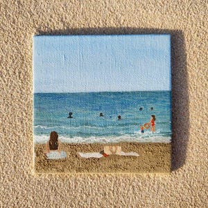 Oil painting with sand &quot;Sunny day on the Trumpeldor beach&quot; on mini canvas board