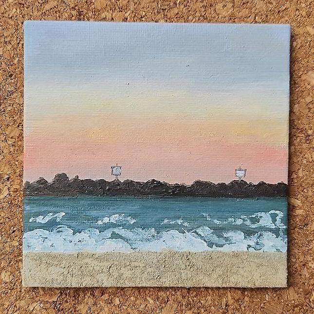 ミニキャンバスボードに砂で描いた油絵「ビーチの夕日」 - Etsy 日本