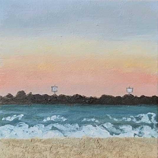ミニキャンバスボードに砂で描いた油絵「ビーチの夕日」 - Etsy 日本