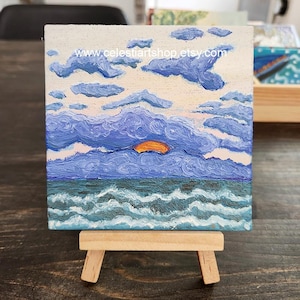 Oil painting &quot;Sea sunset. Trumpeldor beach.&quot; on mini canvas board