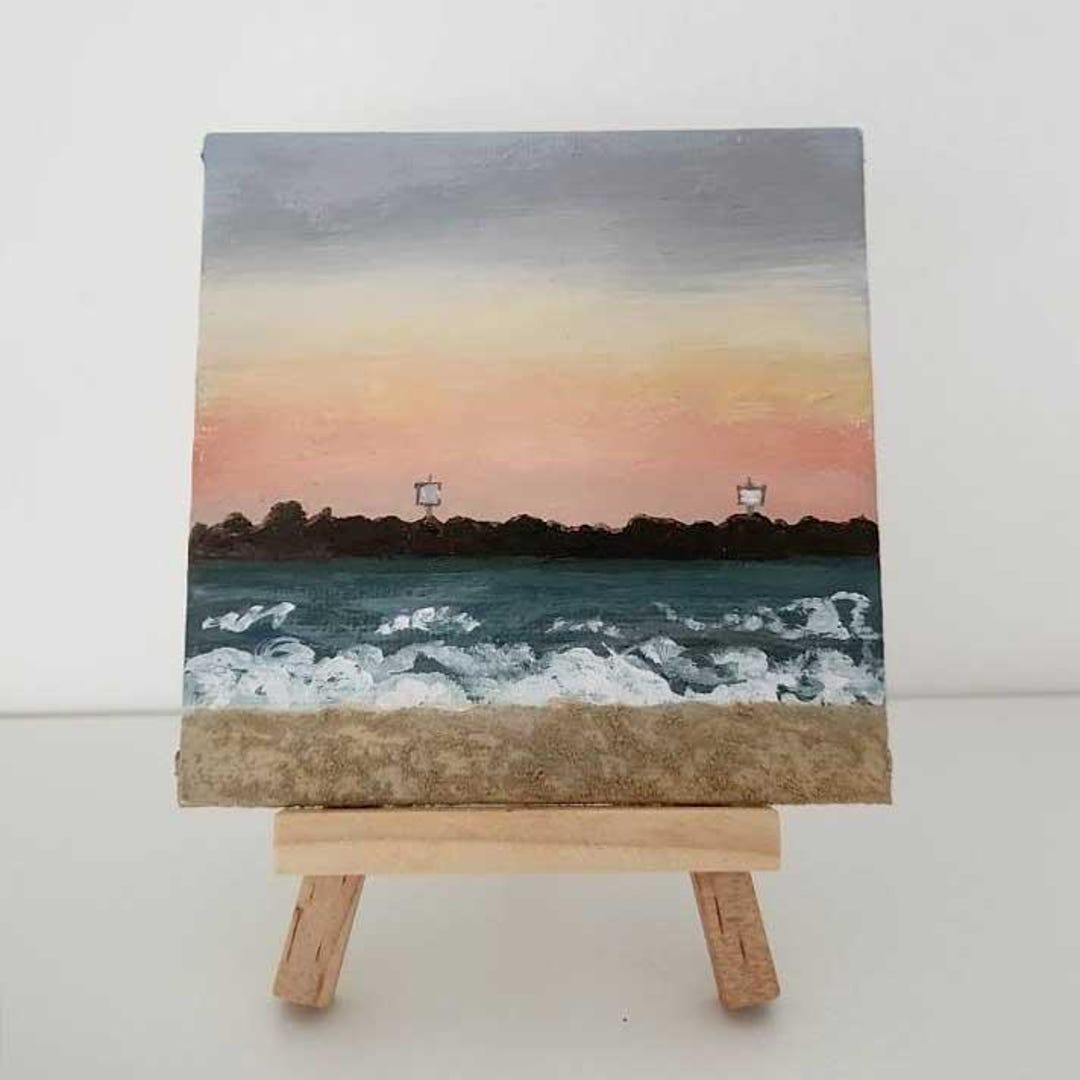 ミニキャンバスボードに砂で描いた油絵「ビーチの夕日」 - Etsy 日本