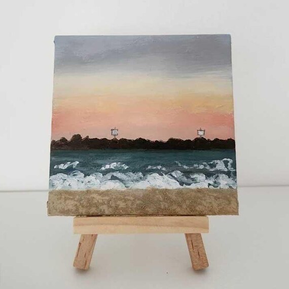 ミニキャンバスボードに砂で描いた油絵「ビーチの夕日」 - Etsy 日本