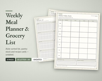 Planificador de comidas semanal imprimible, lista de la compra, menú sin fecha en PDF (tamaño carta estadounidense, A4)