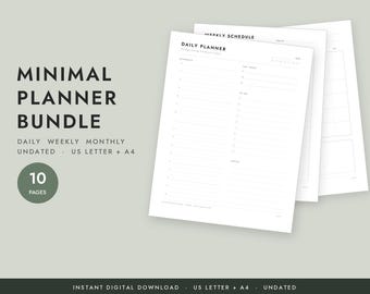 Minimal Daily Planner Bundle, Weekly Monthly Printable PDF (US Letter)