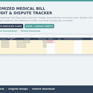 Itemized Medical Bill Audit and Dispute Tracker, Hospital Bill Error Checklist, Duplicate Charge Log, Excel Google Sheets