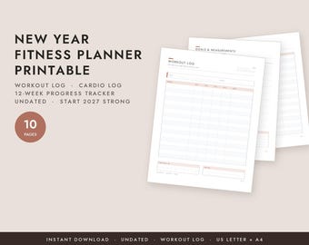 Fitness Planner Printable Undated, 2027 Workout Log, New Year Fitness Journal, Gym Tracker, 12 Week Progress PDF, Letter A4