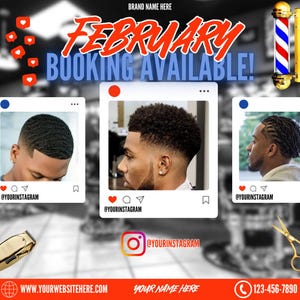 Reservas disponíveis agora, folheto de corte de cabelo, folheto de BARBEIRO, modelo Canva, reserve agora, folheto de mídia social, folheto personalizável