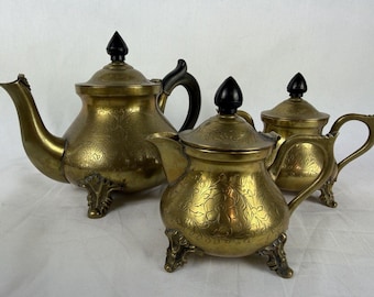 Vintage Messing Tee-Set Teekanne Milchkännchen Zuckerdose Detaillierte Blumen Radierung