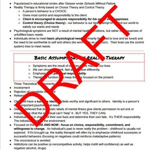 May include: A black and white handout with the title "Glasser - Reality Therapy" and the text "Basic Assumptions of Reality Therapy" in a red box. The handout describes the principles of Reality Therapy, a type of psychotherapy developed by William Glasser.