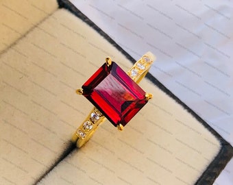 Natural Red Garnet Ring Wedding Ring January Birthstone Ring Emerald Cut Red Gemstone Ring Sterling Silver Ring Christmas Ring Gift for her