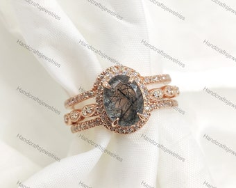 Natural Black Rutilated Quartz Ring Set, Salt And Pepper Diamond Ring, Oval Cut Black Quartz Ring, Promise Ring, Anniversary Ring, Unique