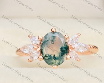 Oval Moosachat Verlobungsring vintage Roségold Moissanit Cluster Ring Einzigartige Diamant gedrehter Ring Brautring Jahrestag Versprechen Ring