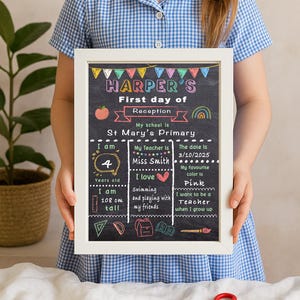 May include: A framed chalkboard sign with the text "HARPER'S First day of Reception." The sign includes details about the child's age, height, favorite color, teacher's name, and what they want to be when they grow up.