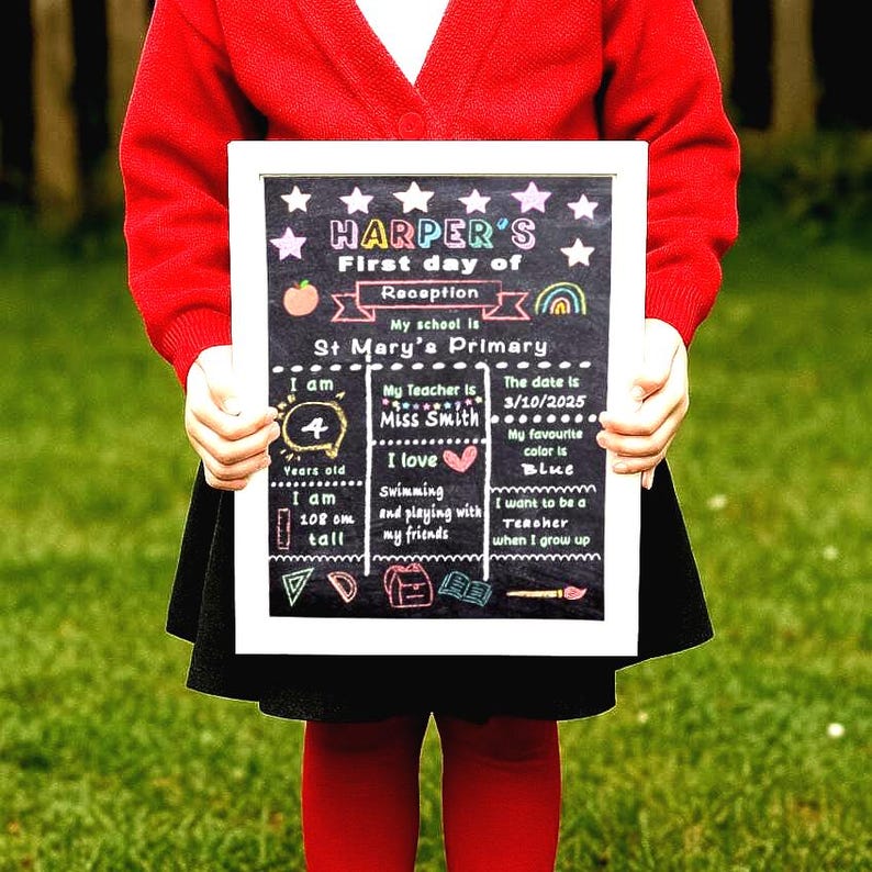 May include: A chalkboard sign with white frame held by a person. The sign reads "HARPER'S First day of Reception" and includes details about the child's age, height, favorite color, and aspirations. The background is a green lawn.
