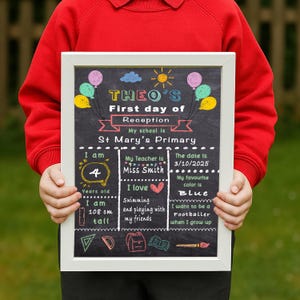 May include: A chalkboard sign with a white frame, featuring colorful illustrations and text. The sign says "Theo's First day of Reception" and includes details about the child's age, height, teacher, and favorite things. The sign is held by a person wearing a red shirt.