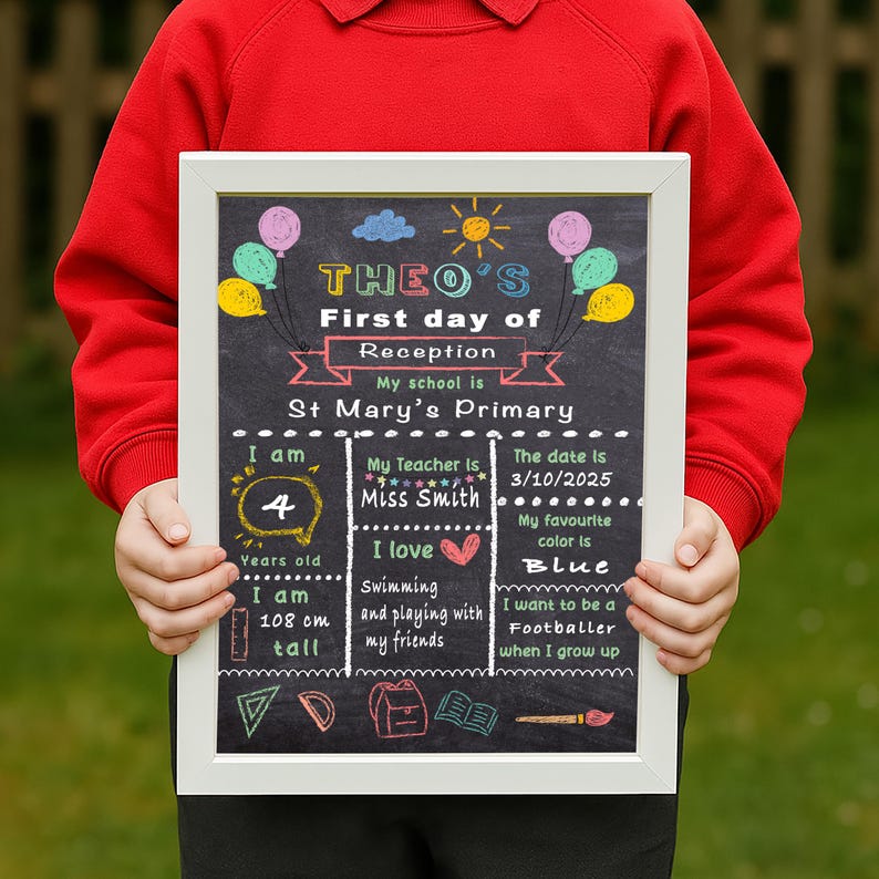 May include: A chalkboard sign with a white frame, featuring colorful illustrations and text. The sign says "Theo's First day of Reception" and includes details about the child's age, height, teacher, and favorite things. The sign is held by a person wearing a red shirt.