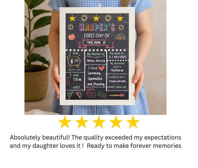 May include: A framed chalkboard sign with the text "HARPER'S FIRST DAY OF YEAR 2". The sign includes details like age, height, teacher's name, and favorite color. It is held by a person wearing a blue and white checkered dress.