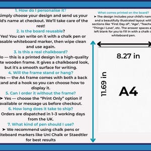 May include: A4-sized white framed board with text and measurements. The board is 8.27 inches wide and 11.69 inches tall. Text includes instructions for personalization and use, plus details about the design and materials.