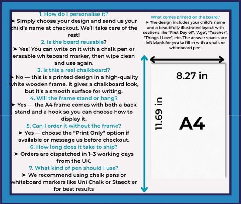 May include: A4-sized white framed board with text and measurements. The board is 8.27 inches wide and 11.69 inches tall. Text includes instructions for personalization and use, plus details about the design and materials.