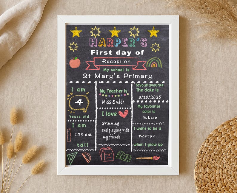 May include: A framed chalkboard-style sign with white lettering and colorful illustrations. The sign reads "Harper's First day of Reception" and includes details about the child's age, height (108 cm), favorite color, and aspirations. The frame is white.