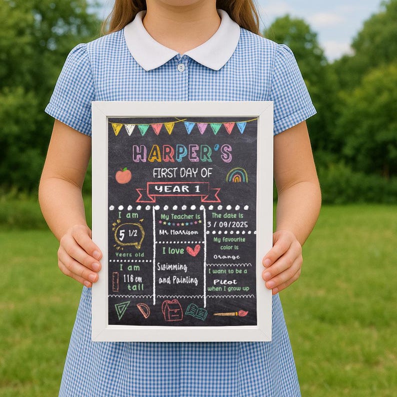 May include: A white-framed chalkboard with the text "HARPER'S FIRST DAY OF YEAR 1" is held by a person. The board includes details like age, height (116 cm), teacher's name, and favorite color. The board is decorated with colorful drawings.