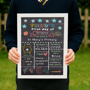 May include: A framed chalkboard sign with white border, featuring colorful text and illustrations. The sign reads "THEO'S First day of Reception" and includes details like age, height (108 cm), favorite color (blue), and aspirations to be a footballer.