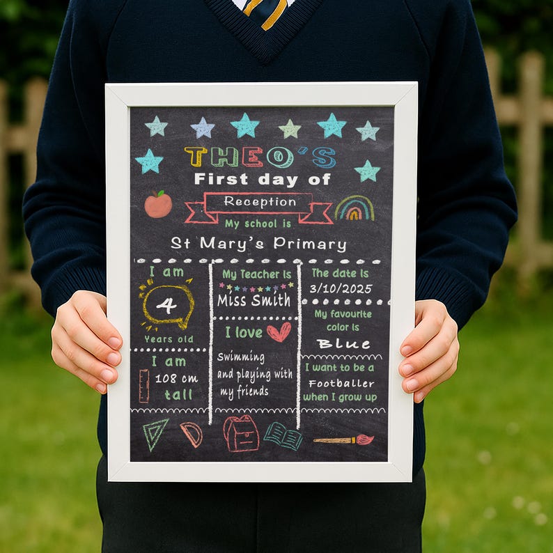 May include: A framed chalkboard sign with white border, featuring colorful text and illustrations. The sign reads "THEO'S First day of Reception" and includes details like age, height (108 cm), favorite color (blue), and aspirations to be a footballer.