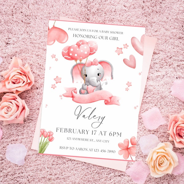 EDITABLE Blush Pink Rose Gold Elephant Baby Shower Invitation Girl Baby Elephant Invite Printable Template Instant Download