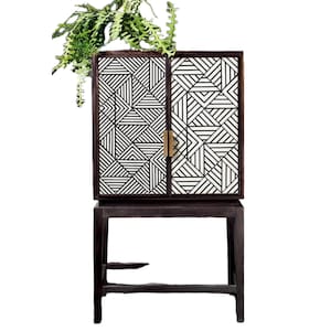 Handcrafted Mother of Pearl Bar Cabinet with Geometric Design Luxury Furniture Vegan No use of Animal Bone