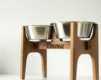 HappyBowl Handmade Beech Wooden Elevated Dog Bowl Stand for Large Dogs with 2 Stainless Steel Bowls in a Set
