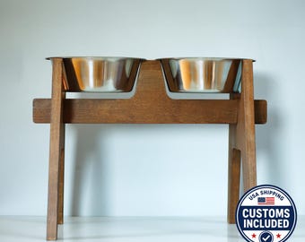 Elevated Dog Bowl Stand for Large Dogs – Beech Wood Raised Feeder with 2 Stainless Bowls, Height 23–44 cm (9–17.3")!