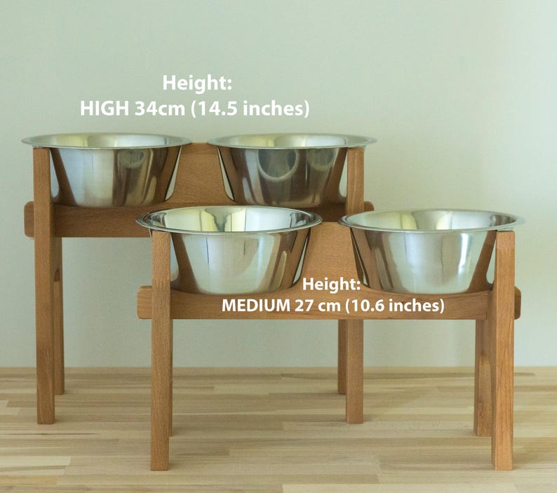 ALTO - 34 cm. Ideal para perros grandes y medianos. Comedero elevado de madera de haya hecho a mano para perros grandes con 2 comederos. imagen 9