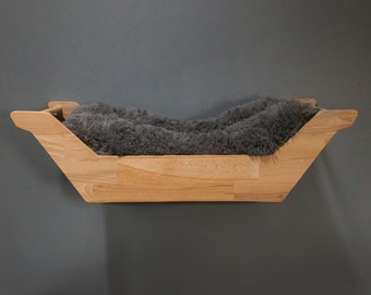 Natural Beech Wooden Cat Bed with Plush Pillow - Natural Beech Wood. Big Pillow 50X70 cm