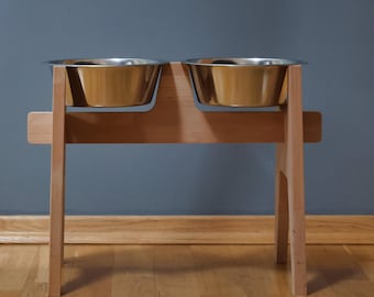 HappyBowl Beech Wooden Elevated Dog Bowl Stand for Large Dogs with 2 Stainless Steel Bowls in a Set. Hundenapfständer für große Hunde