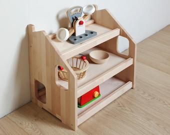 Montessori Toy Shelf for Kids – House-Shaped Wooden Toy Organizer in Natural Beech Wood – Nursery & Playroom Storage