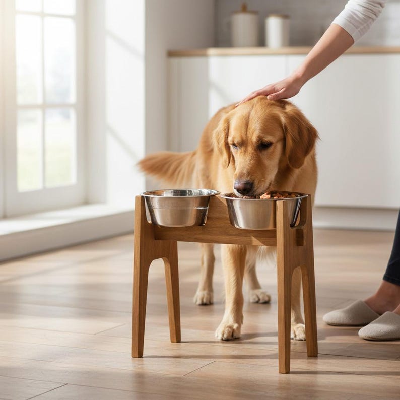 May include: A golden retriever eats from a stainless steel bowl set in a wooden stand. The stand has two bowls and is made of light brown wood. The dog is being petted by a person. The bowls are elevated off the floor.