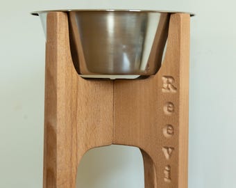 HappyBowl Single Personalized Wooden Elevated Dog Bowl Stand for Large Dogs with Stainless Steel Slow Food Bowl.