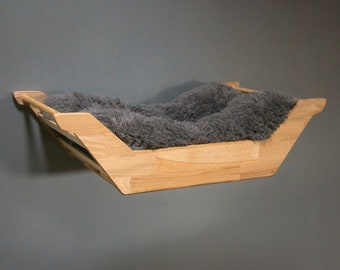 Letto per gatti in legno di faggio naturale con cuscino in peluche - Legno di faggio naturale. Cuscino Grande 50X70 cm