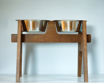 Handmade Beech Wooden Elevated Dog Bowl Stand for Large Dogs with 2 Stainless Steel Bowls
