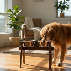 May include: A golden retriever eats from a double stainless steel dog bowl set on a dark wooden stand. The bowls are filled with dog food. The dog is in a well-lit room with hardwood floors and a window.