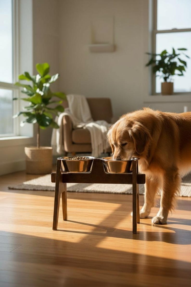 May include: A golden retriever eats from a double stainless steel dog bowl set on a dark wooden stand. The bowls are filled with dog food. The dog is in a well-lit room with hardwood floors and a window.