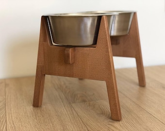 HappyBowl Supporto rialzato per ciotola per cani in legno di faggio per cani di grossa taglia con 2 ciotole in acciaio inossidabile in un set. Stabilità extra