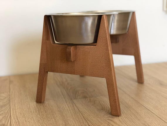 HappyBowl Beech Wooden Elevated Dog Bowl Stand for Large Dogs with 2 Stainless Steel Bowls in a Set. Extra stability
